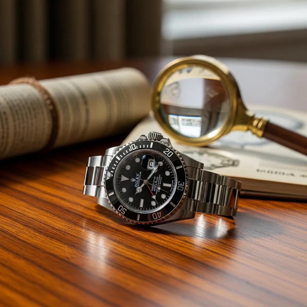 Rolex Submariner watch on a wooden table with a magnifying glass and reference guide