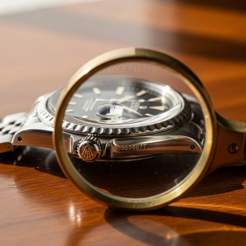 Rolex watch with visible serial number for verification process