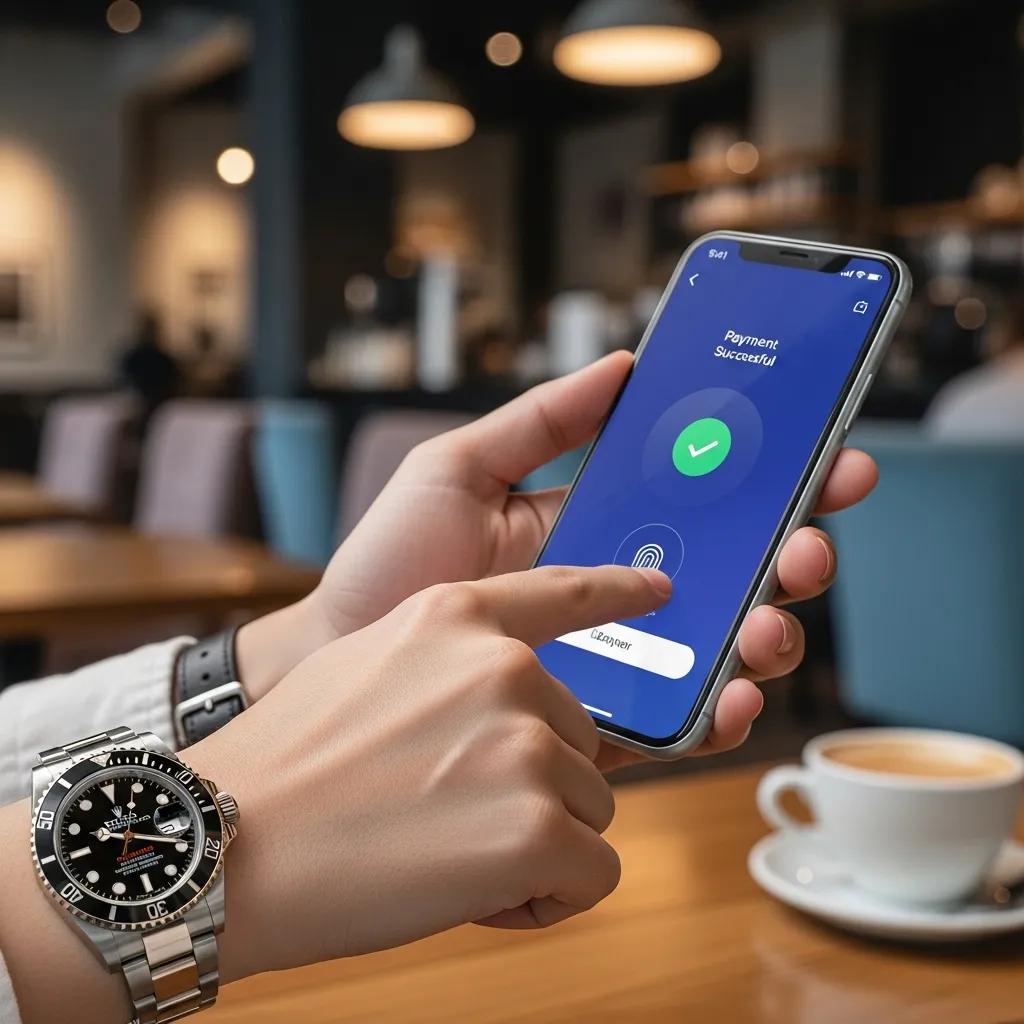 Secure payment method being used for buying a replica Rolex watch in a cozy café setting