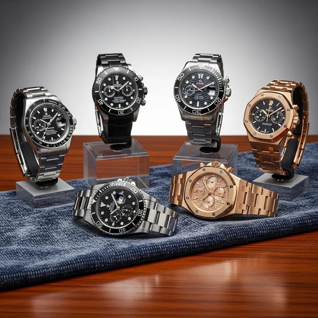 Selection of top replica watches from brands like Rolex, Omega, and Audemars Piguet on display