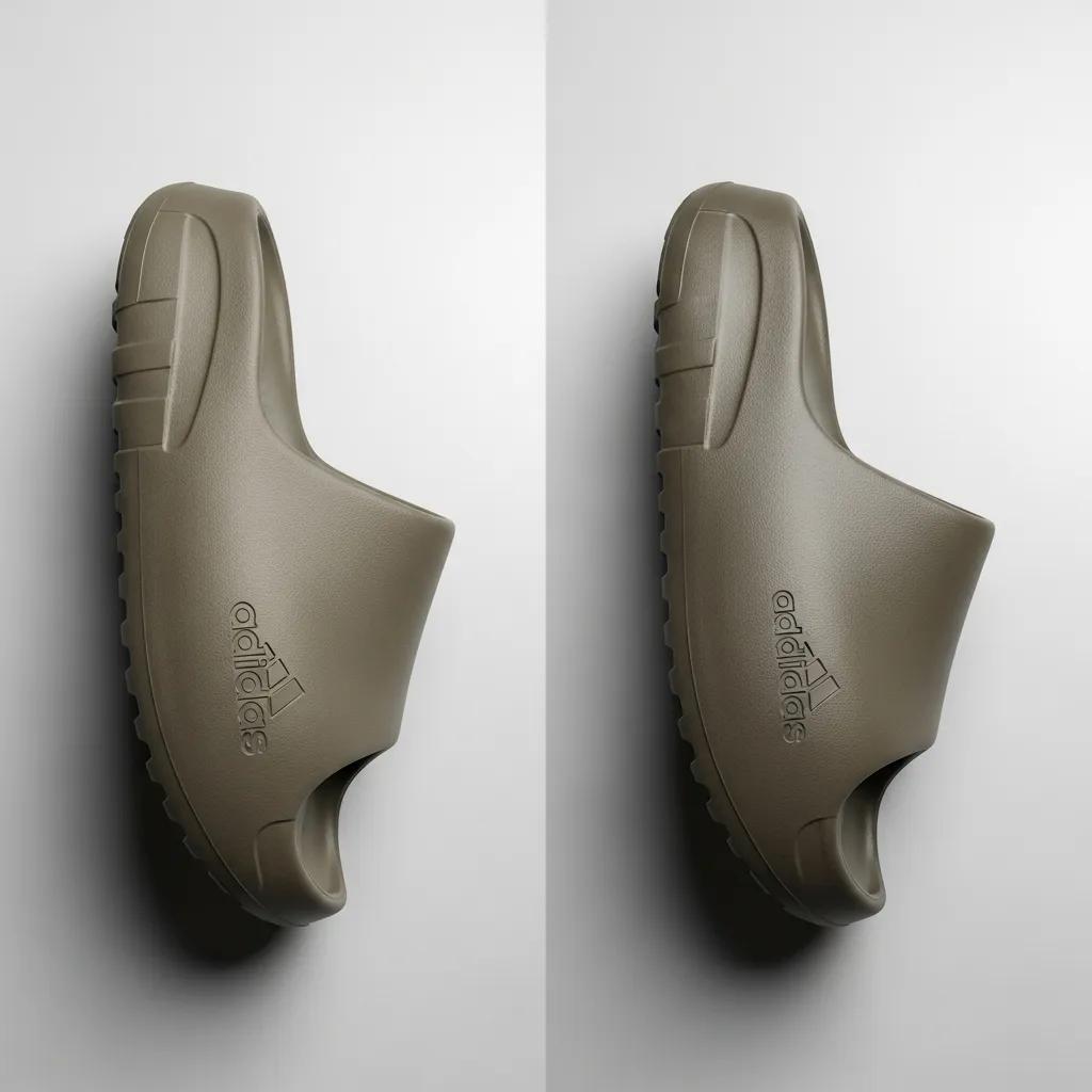 Side-by-side comparison of authentic and fake Yeezy slides, highlighting differences in quality and design