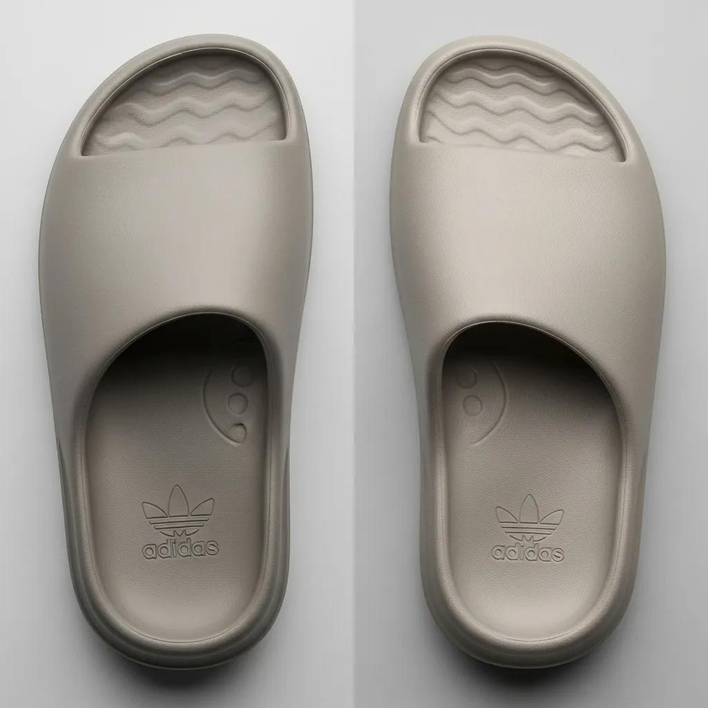 Side-by-side comparison of authentic and fake Yeezy slides, highlighting key differences in quality and design