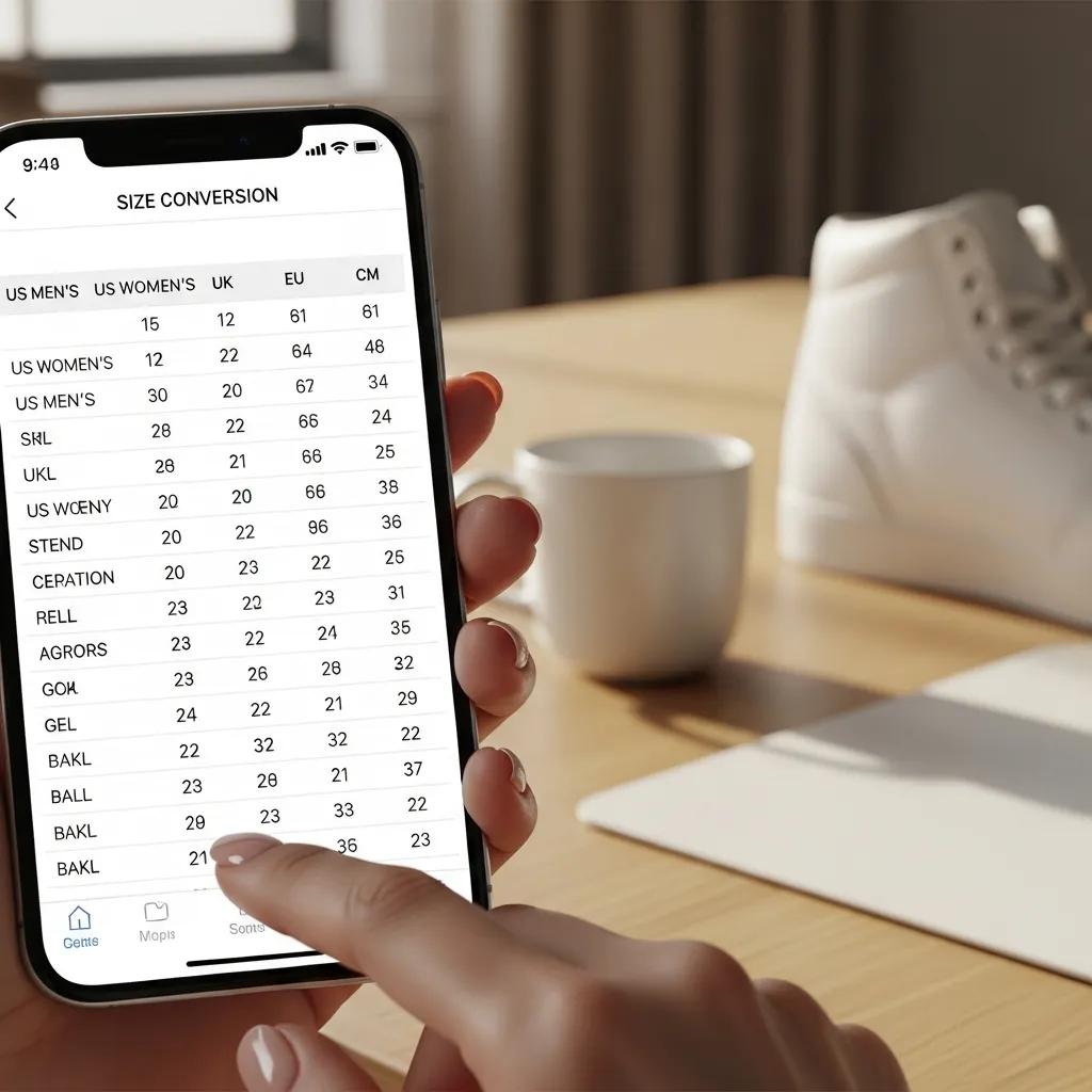 Size conversion chart on smartphone for navigating sneaker sizes