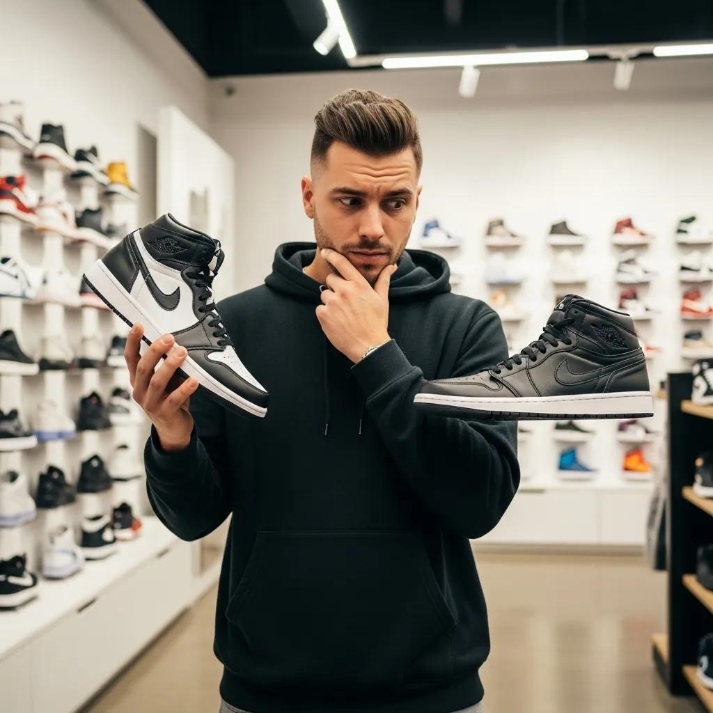 Sneaker enthusiast examining knockoff Jordans in a sneaker store, emphasizing the buying experience