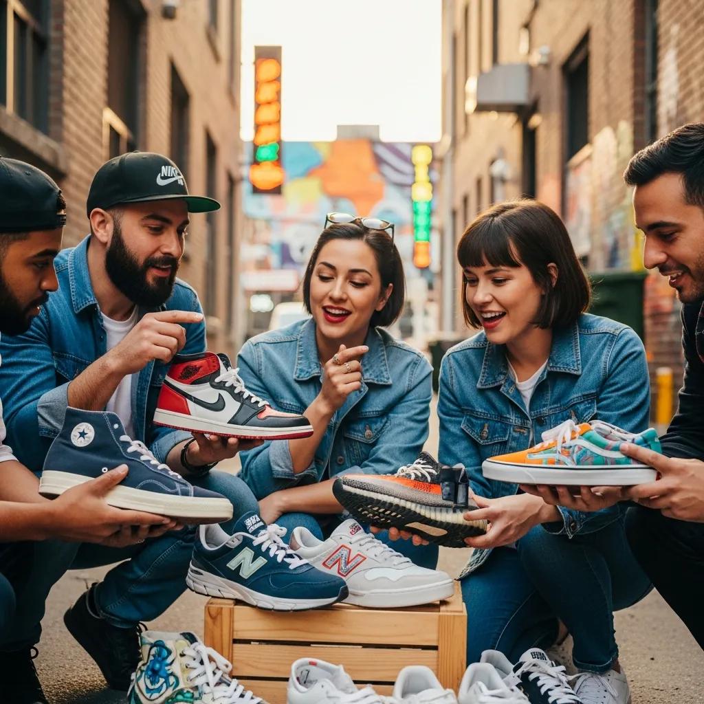 Sneaker enthusiasts examining authentic sneakers in an urban setting