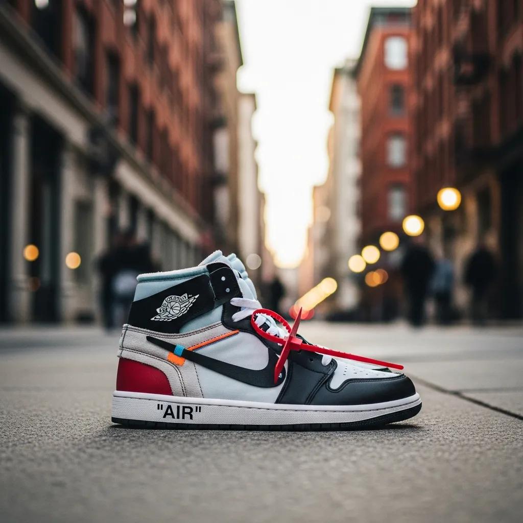 Stylish Jordan 1 Off White sneakers displayed in an urban setting