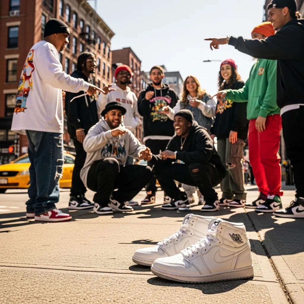 Stylish knockoff Jordans worn by young adults in an urban setting, highlighting sneaker culture