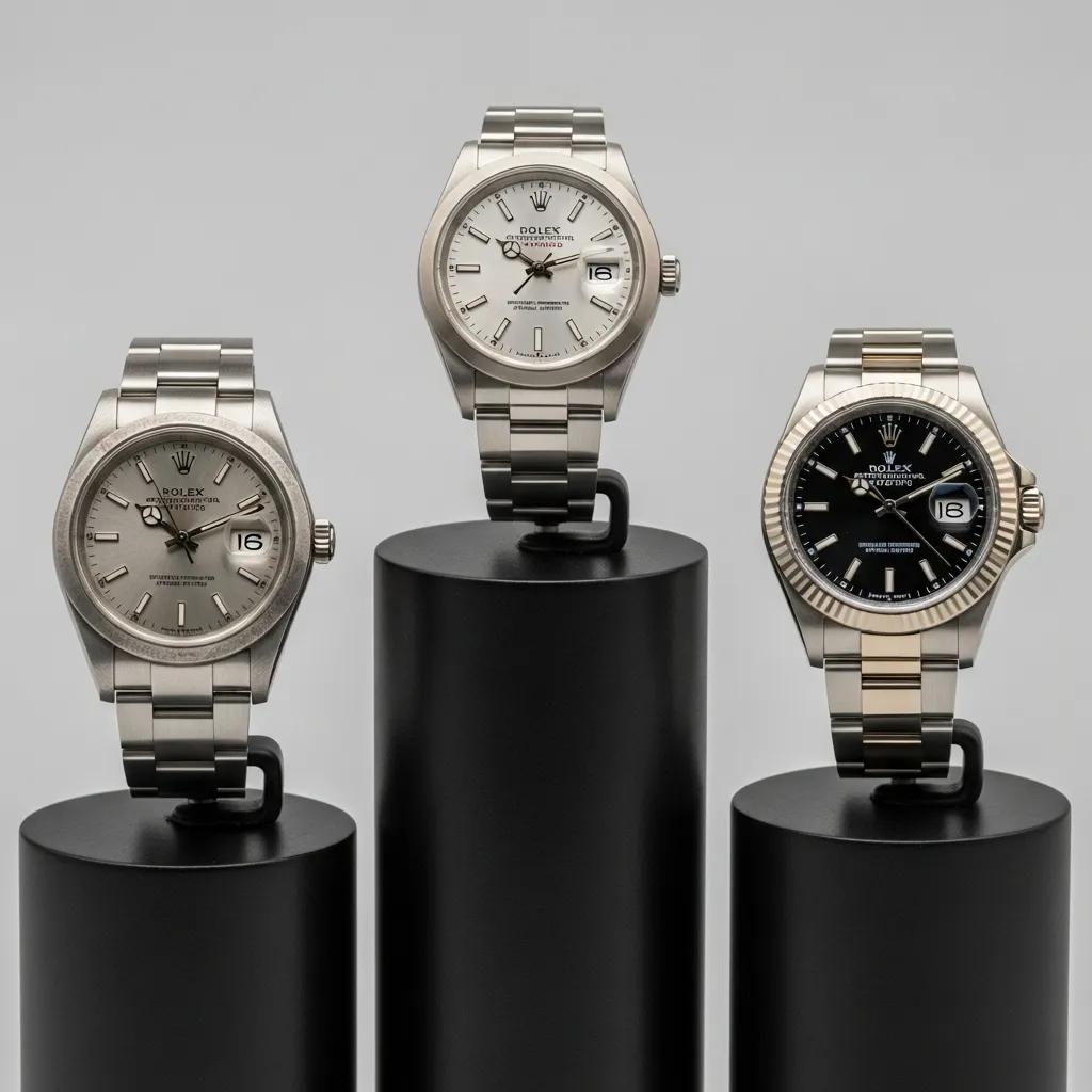 Three imitation Rolex watches representing budget, mid-range, and high-end super clone quality grades