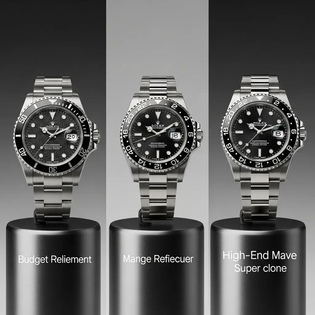 Three replica Rolex watches representing budget, mid-range, and high-end quality levels