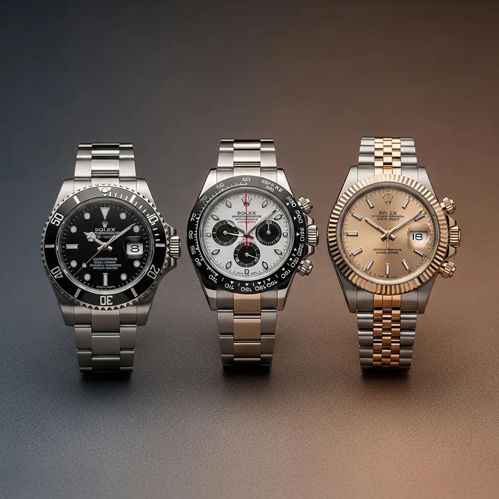 Top replica Rolex models including Submariner, Daytona, and Datejust arranged elegantly
