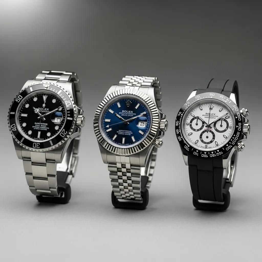 Top three replica Rolex models: Submariner, Datejust, and Daytona displayed on stands, showcasing their unique designs