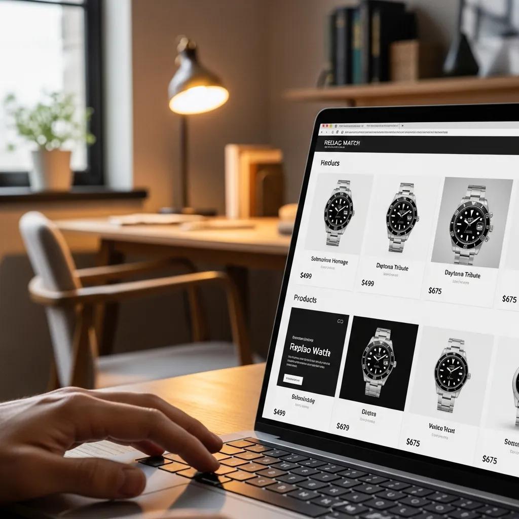 User browsing trusted replica watch website on computer