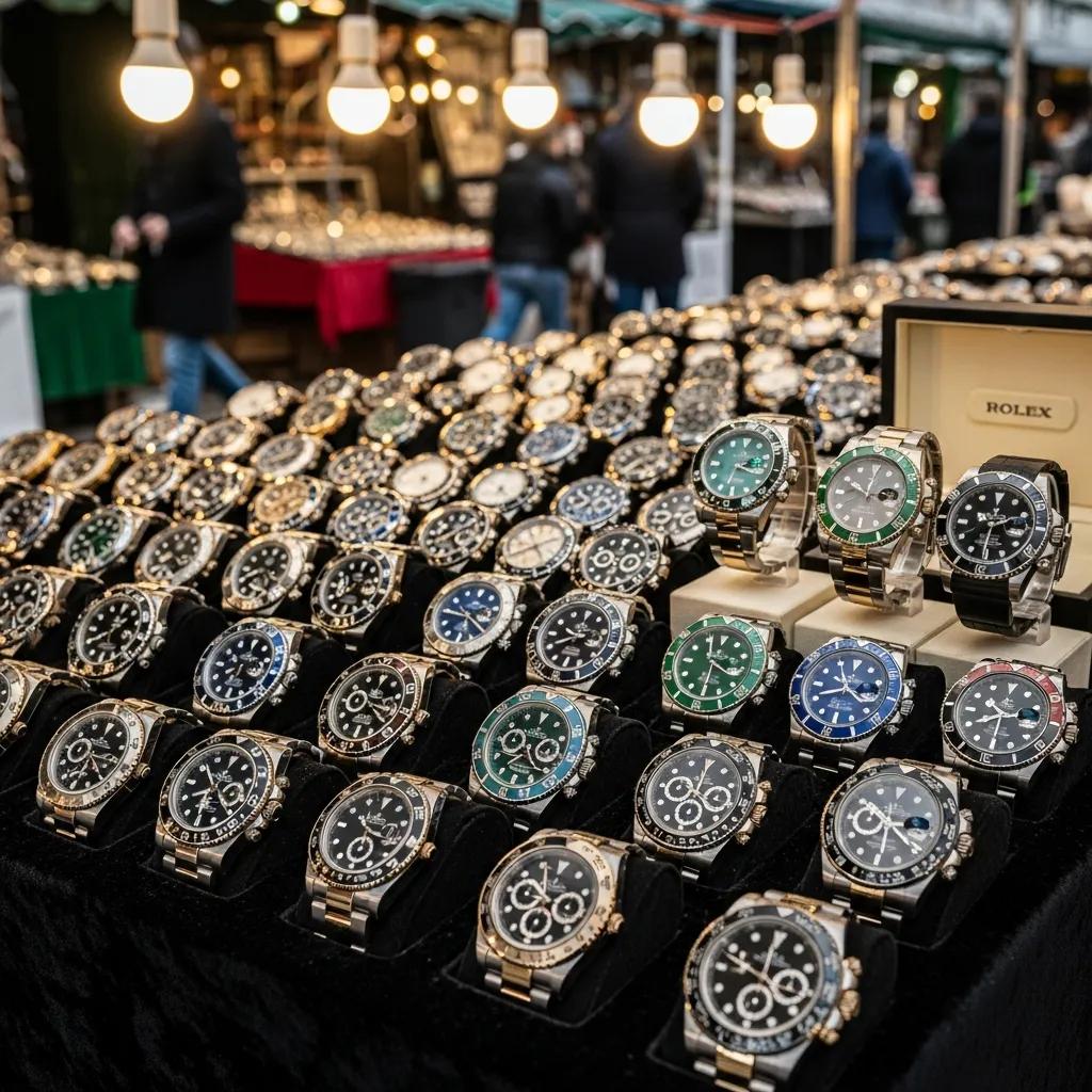Variety of replica Rolex watches displayed in a market setting