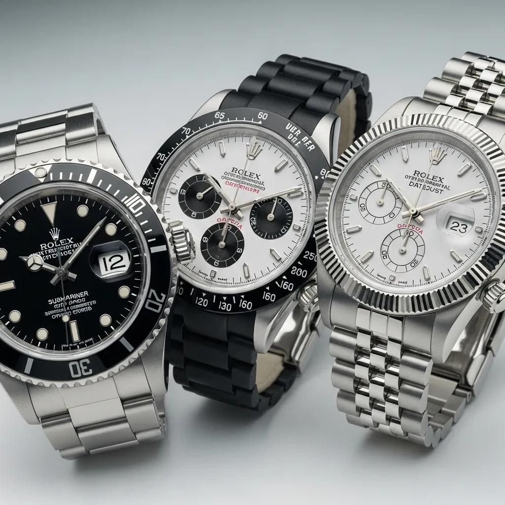 Various Rolex models including Submariner, Daytona, and Datejust highlighting serial number locations