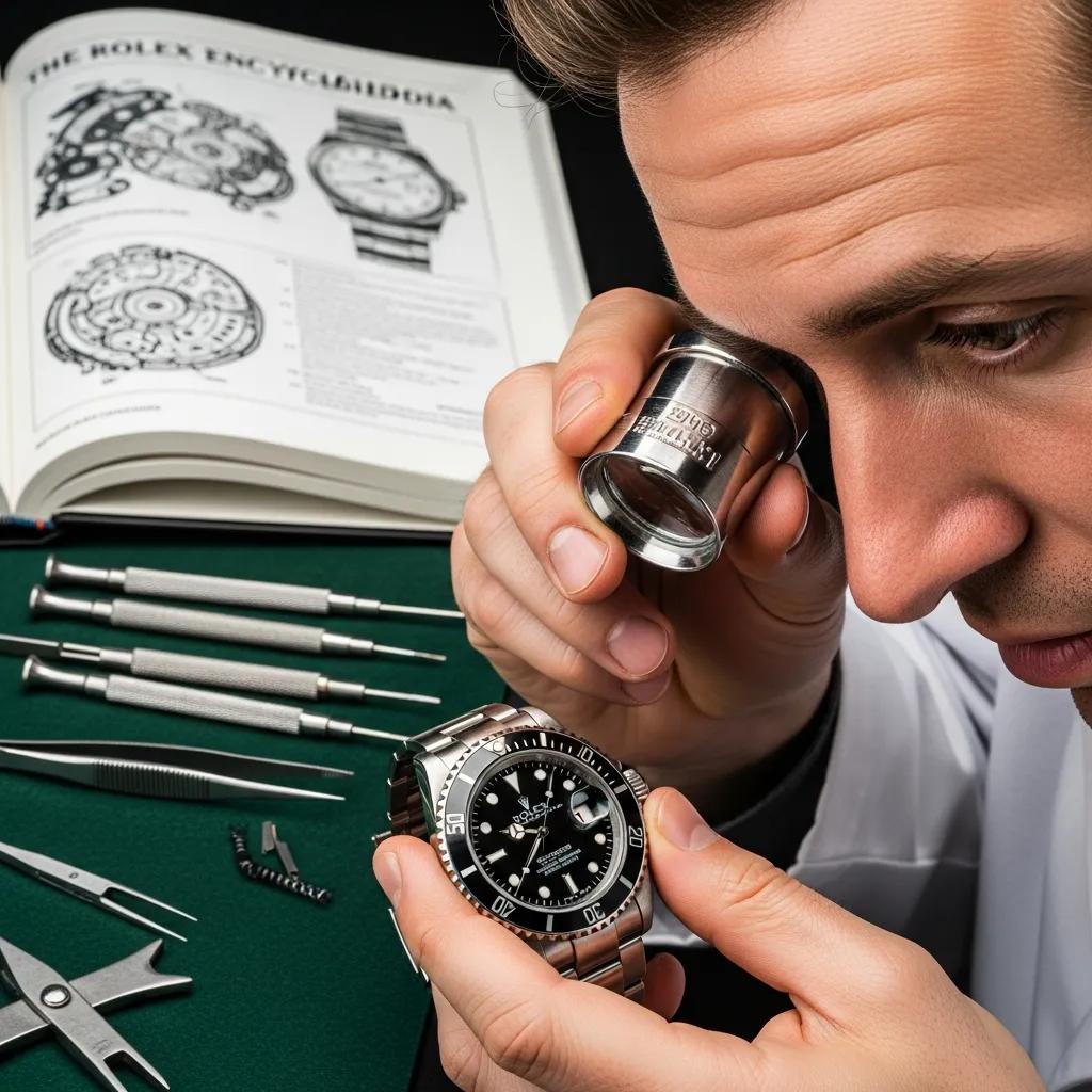 Watch expert examining Rolex watch with tools and reference materials