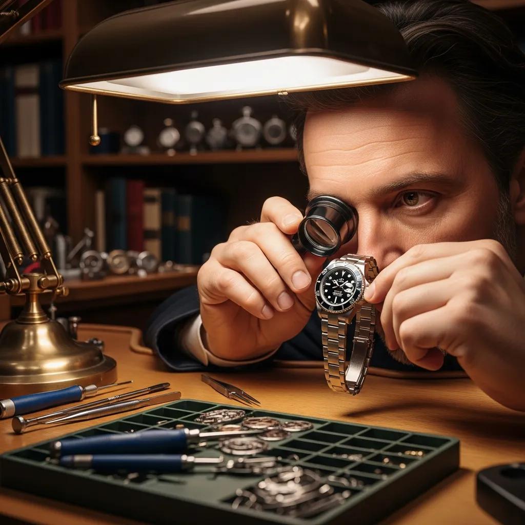 Watchmaker examining Rolex Submariner for authenticity verification