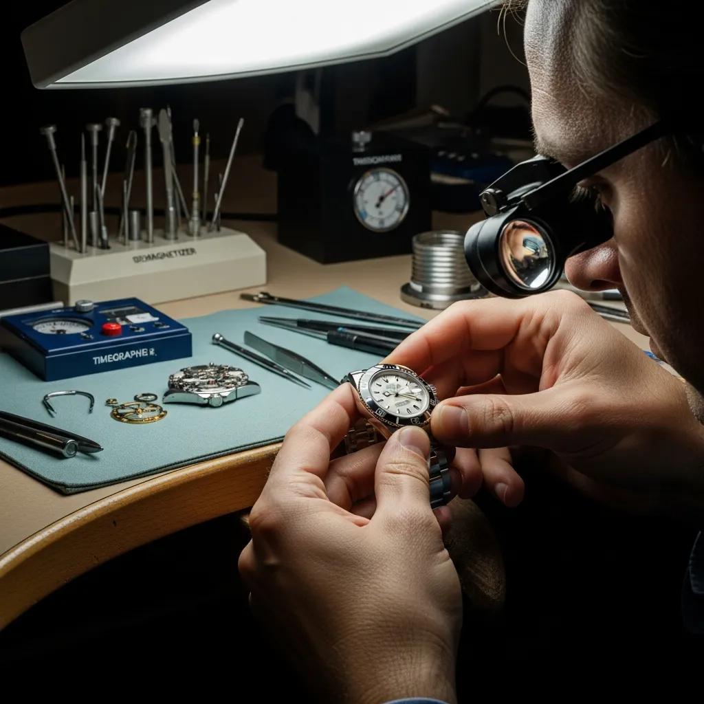 Watchmaker examining Rolex watch, showcasing third-party authentication expertise