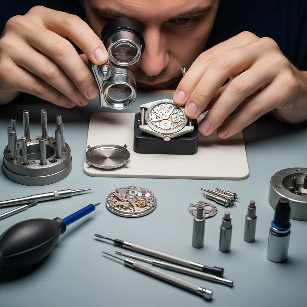 Watchmaker inspecting Rolex movement, highlighting craftsmanship and authenticity checks