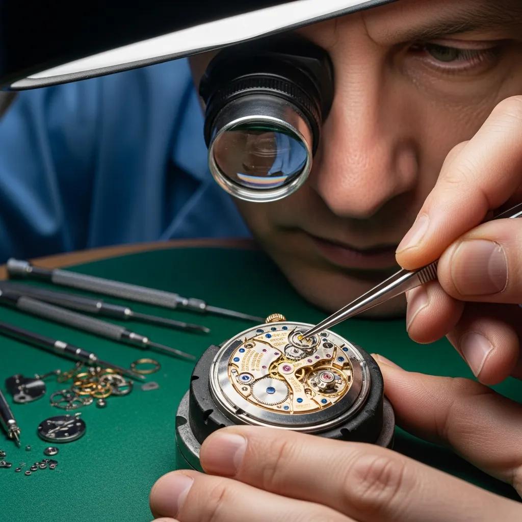 Watchmaker inspecting the movement of a Rolex watch with tools, highlighting craftsmanship and precision