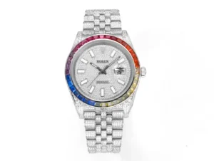 silver iced datejust replica 41MM rainbow bezel pavé dial RepsGoat