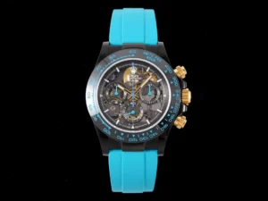 The Rolex Daytona Skeleton PVD Cyan replica 40MM Rubber Strap Edition is made for buyers who want a bold custom chronograph. It features a skeleton-style dial, black PVD-style case, cyan rubber strap, and matching cyan bezel accents. The openwork dial gives this watch a strong mechanical appearance. The cyan strap adds a bright sports look against the black case. This model uses a Swiss-Style 4130 automatic chronograph movement configuration. RepsGoat checks openwork dial detail, bezel printing, chronograph reset, strap fitment, buckle security, crown operation, timing stability, and 100m waterproof-style QC before shipping. The Rolex Daytona Skeleton PVD Cyan replica is a strong choice for buyers who want a 40MM custom chronograph with a bright cyan rubber strap.