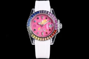 pink submariner replica 40MM rainbow crystal white strap RepsGoat