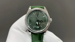 Rolex 1908 Green Guilloche Dial replica is a refined 39MM dress watch with a textured green guilloché-style dial. It features a platinum-style case and green leather strap. The small seconds display gives the dial a classic formal layout. The domed and finely fluted bezel adds elegant light reflection. This model uses a Swiss-Style 7140 automatic mechanical movement. RepsGoat checks dial texture before shipping. We also check small seconds alignment, strap fitment, crown operation, timing stability, crystal clarity, and waterproof QC.