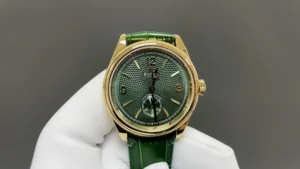 rolex 1908 replica 39MM green guilloche dial leather strap RepsGoat
