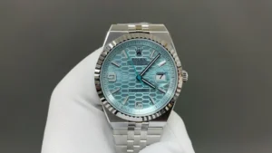 Rolex Land-Dweller 40 Ice Blue Honeycomb replica 127336 Platinum Flat Jubilee Bracelet RepsGoat