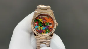 emoji puzzle day date replica 36MM rose gold multicolor dial RepsGoat