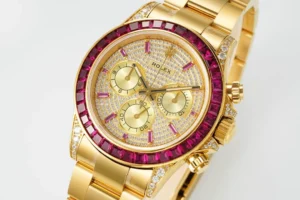 pink diamond daytona replica 40MM yellow gold ruby bezel RepsGoat