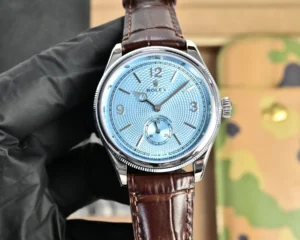 Rolex 1908 Platinum Ice Blue Dial replica 39MM brown leather strap RepsGoat