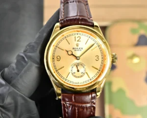 Rolex 1908 Gold Leather Strap replica 39MM champagne dial RepsGoat