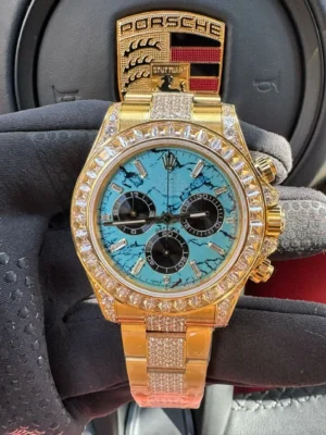 turquoise gold daytona replica 40MM diamond bezel pavé bracelet RepsGoat