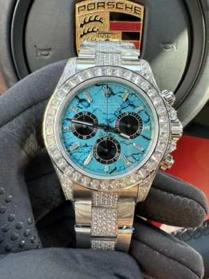 Rolex Daytona Pavé Turquoise replica 40MM Silver Oyster Bracelet RepsGoat