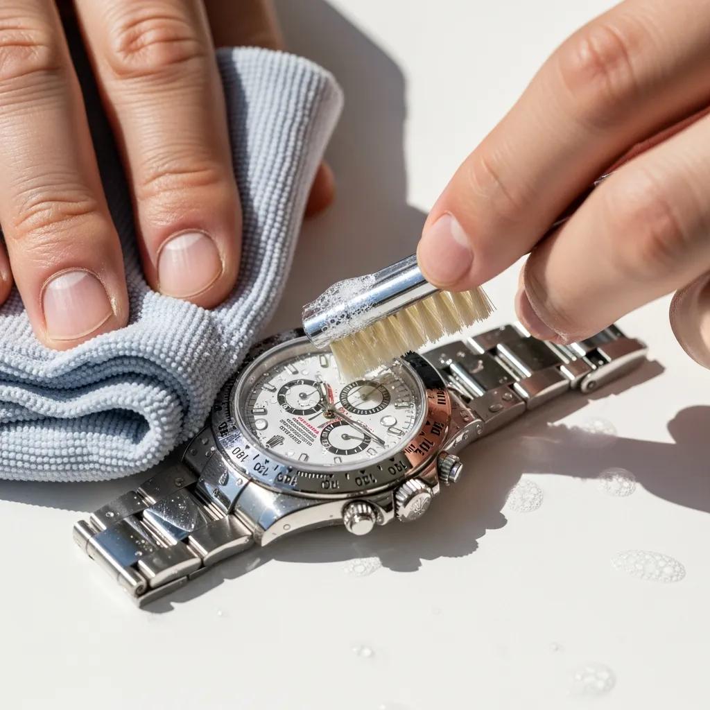 Person cleaning a Rolex super clone watch with a soft cloth