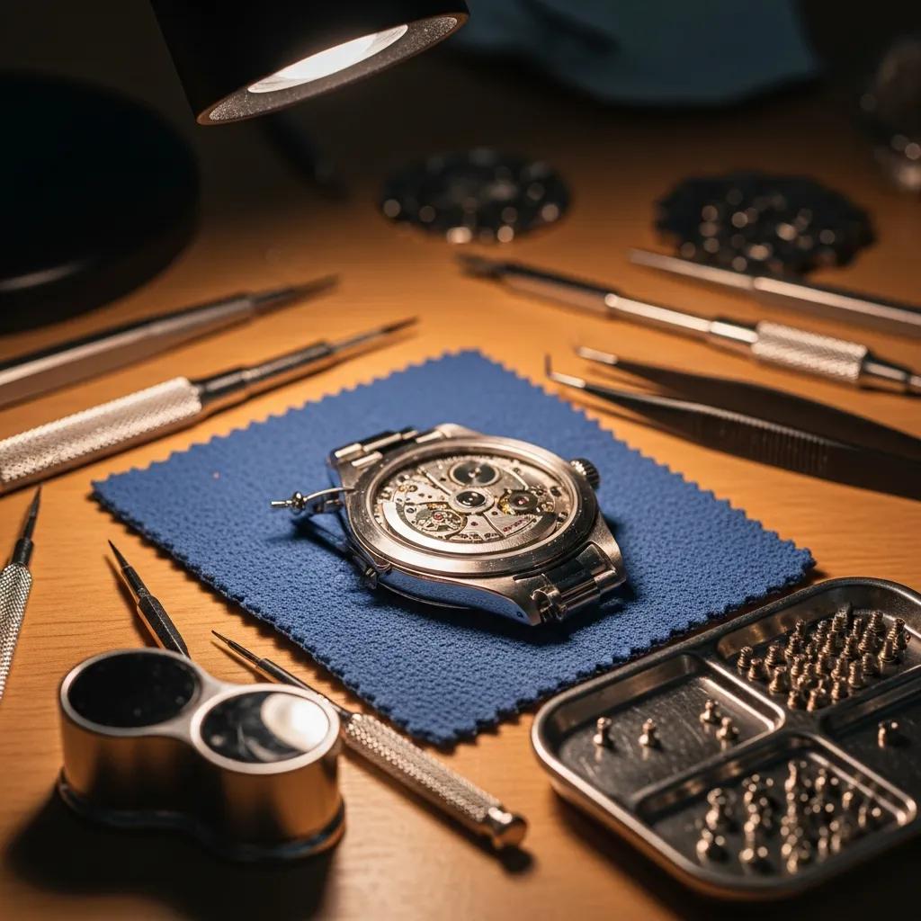 Watchmaker's workspace with tools and a Rolex super clone being serviced