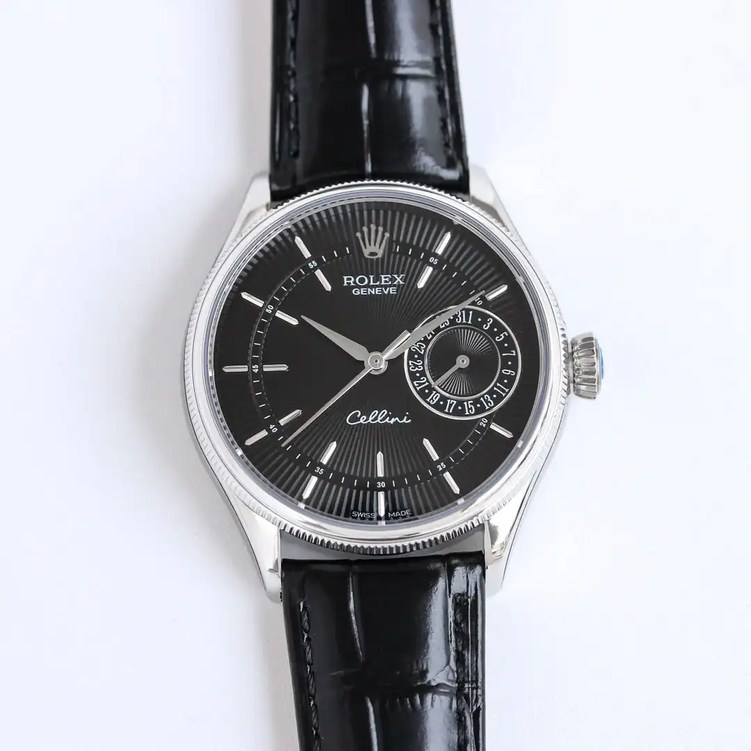 Premium Rolex Cellini Date White Gold Black Dial replica 39MM Brown Leather Strap Edition  50519-0007