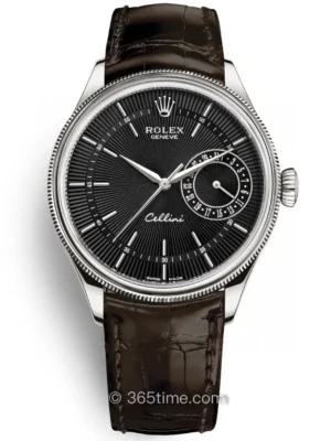 The Rolex Cellini Date 50519 replica is a refined 39MM dress watch. It features a black guilloche-style dial. It also has a white gold-style case. The brown leather strap gives it a classic formal look. The date sub-dial adds practical daily function. This model uses a Swiss-Style 3165 automatic mechanical movement. RepsGoat checks dial texture before shipping. We also check date display, strap fitment, crown operation, timing stability, and waterproof QC.