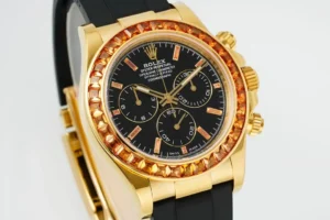 Rolex Daytona Orange Sapphire Gold replica 40MM Black Rubber Strap RepsGoat