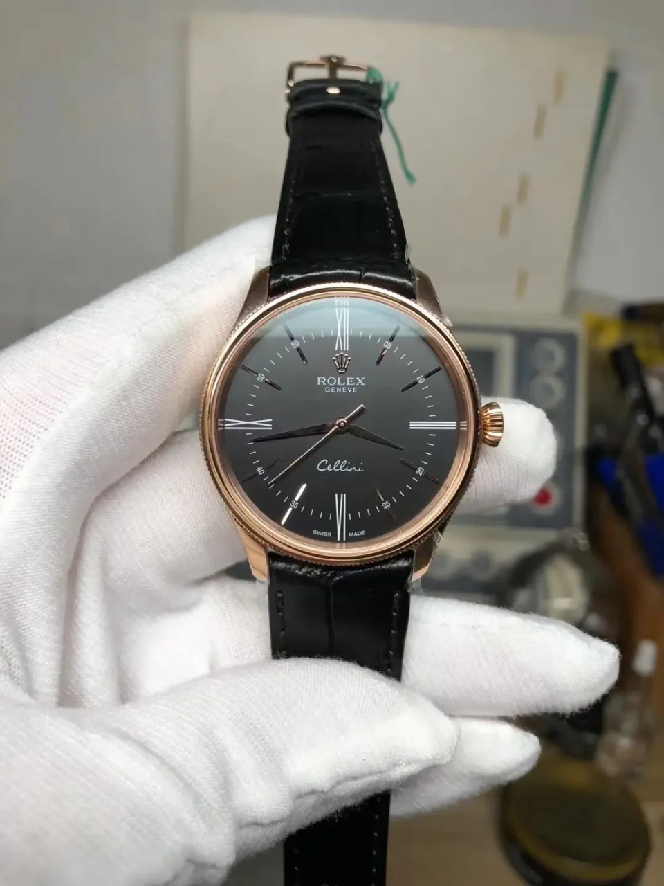 Rolex Cellini Time 50505 39mm Everose Black Dial Black Alligator Strap Watch 50505-0009