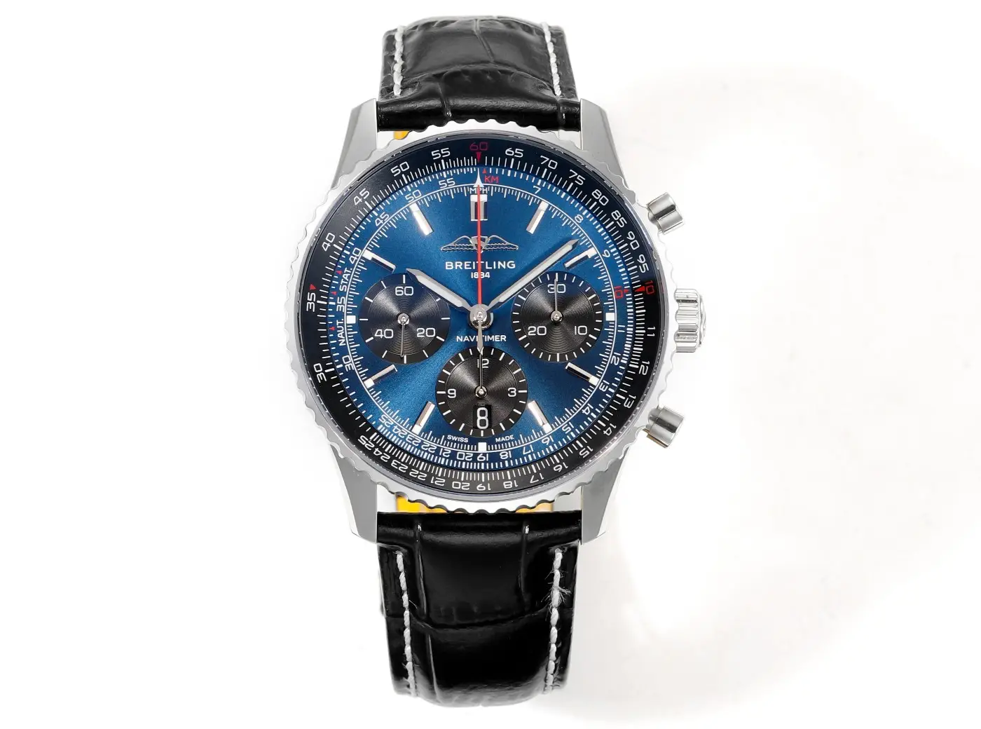 super clone Breitling Navitimer B01 43MM blue dial black leather strap chronograph watch