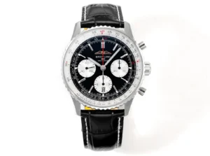 super clone Breitling B01 Reverse Panda 43MM black dial white sub-dials black leather strap chronograph watch