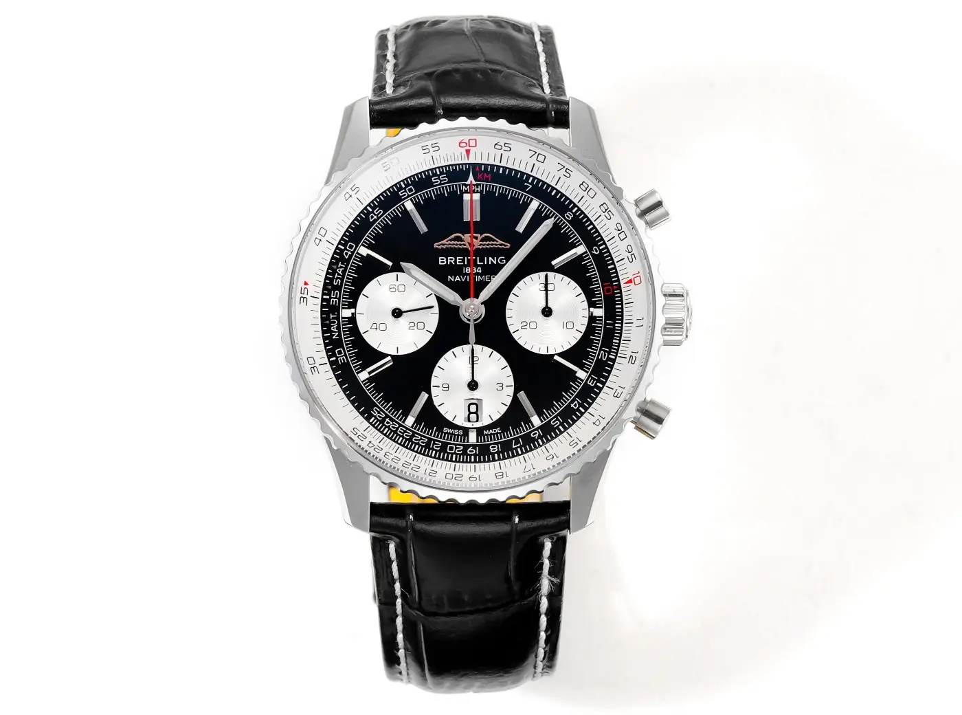 super clone Breitling B01 Reverse Panda 43MM black dial white sub-dials black leather strap chronograph watch
