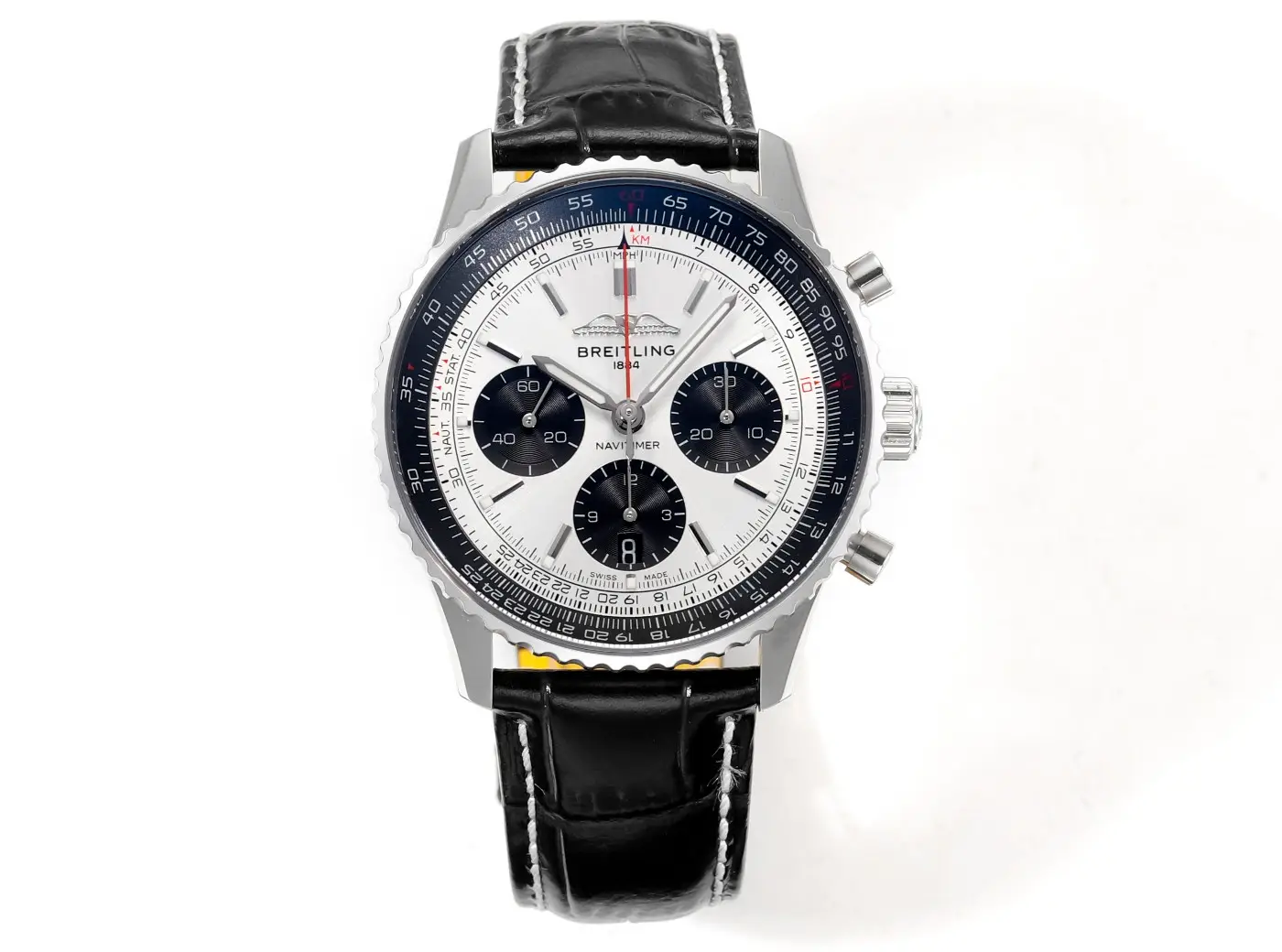super clone Breitling Navitimer B01 White 43MM white dial black leather strap chronograph watch