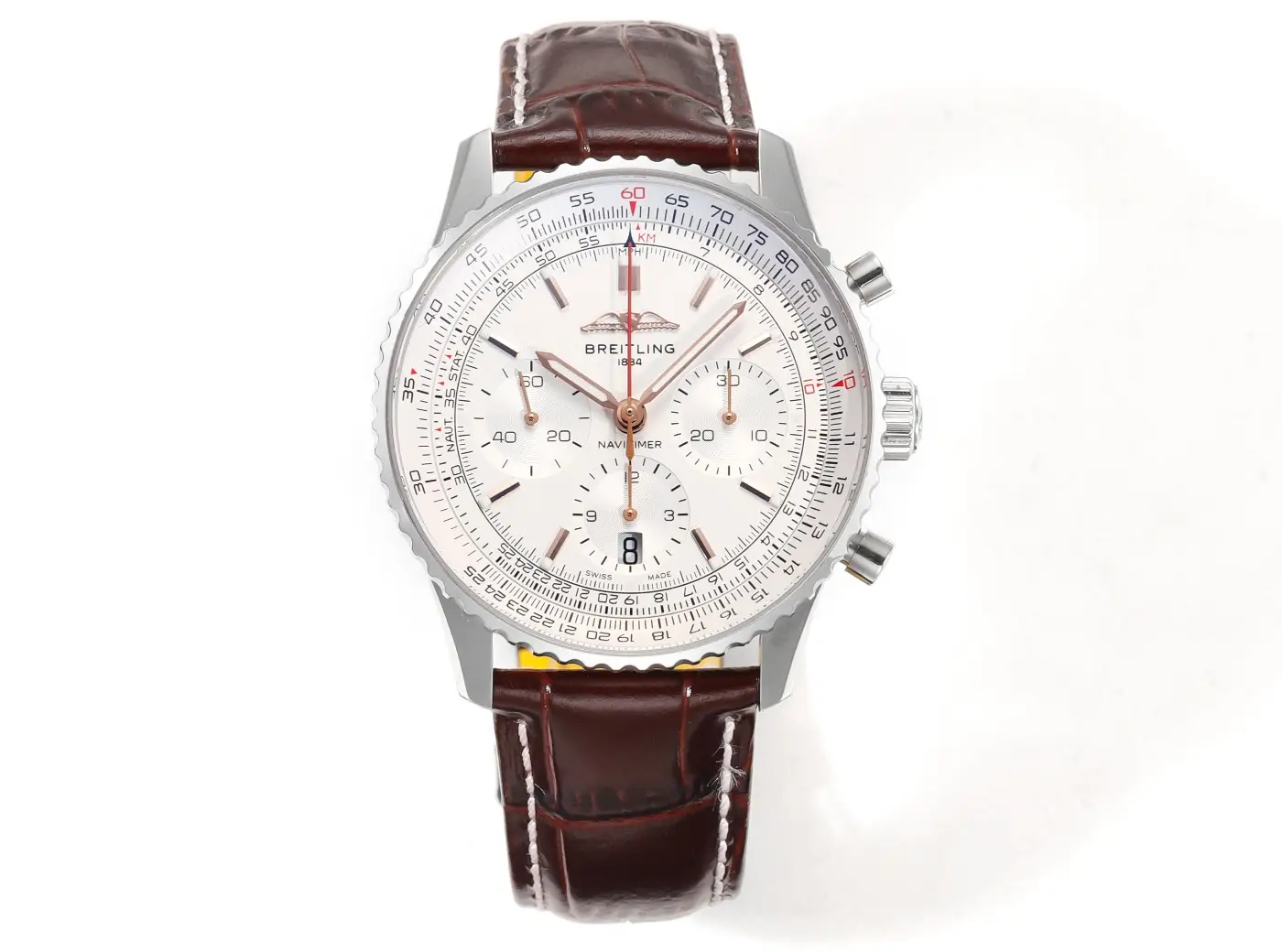 super clone Breitling Navitimer B01 Silver 43MM silver dial brown leather strap chronograph watch