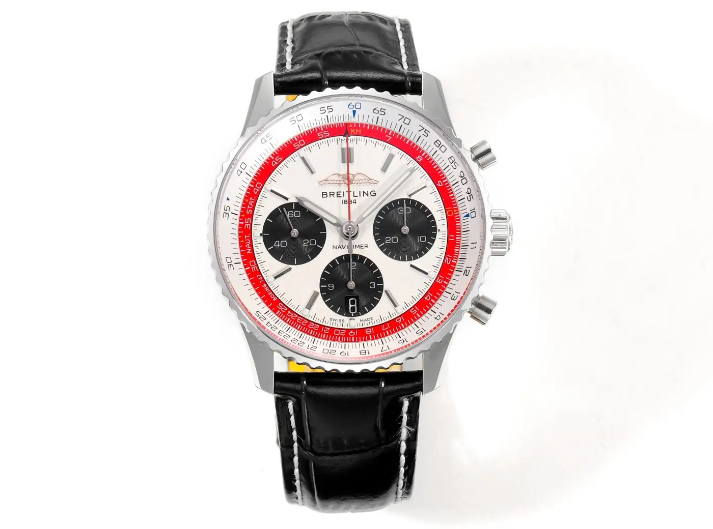 super clone Breitling Navitimer B01 Red 43MM white dial red scale black leather strap chronograph watch