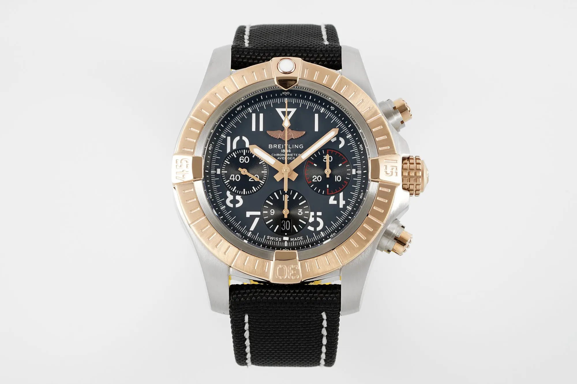 Breitling Avenger B01 Chronograph Replica 45MM black dial rose gold tone bezel black fabric strap AB0147101B1X1 watch
