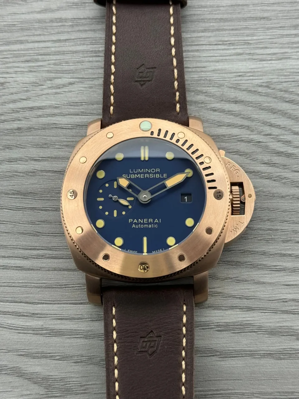 Panerai Bronze Submersible Watch Blue Dial Brown Leather Strap Ultimate 42MM