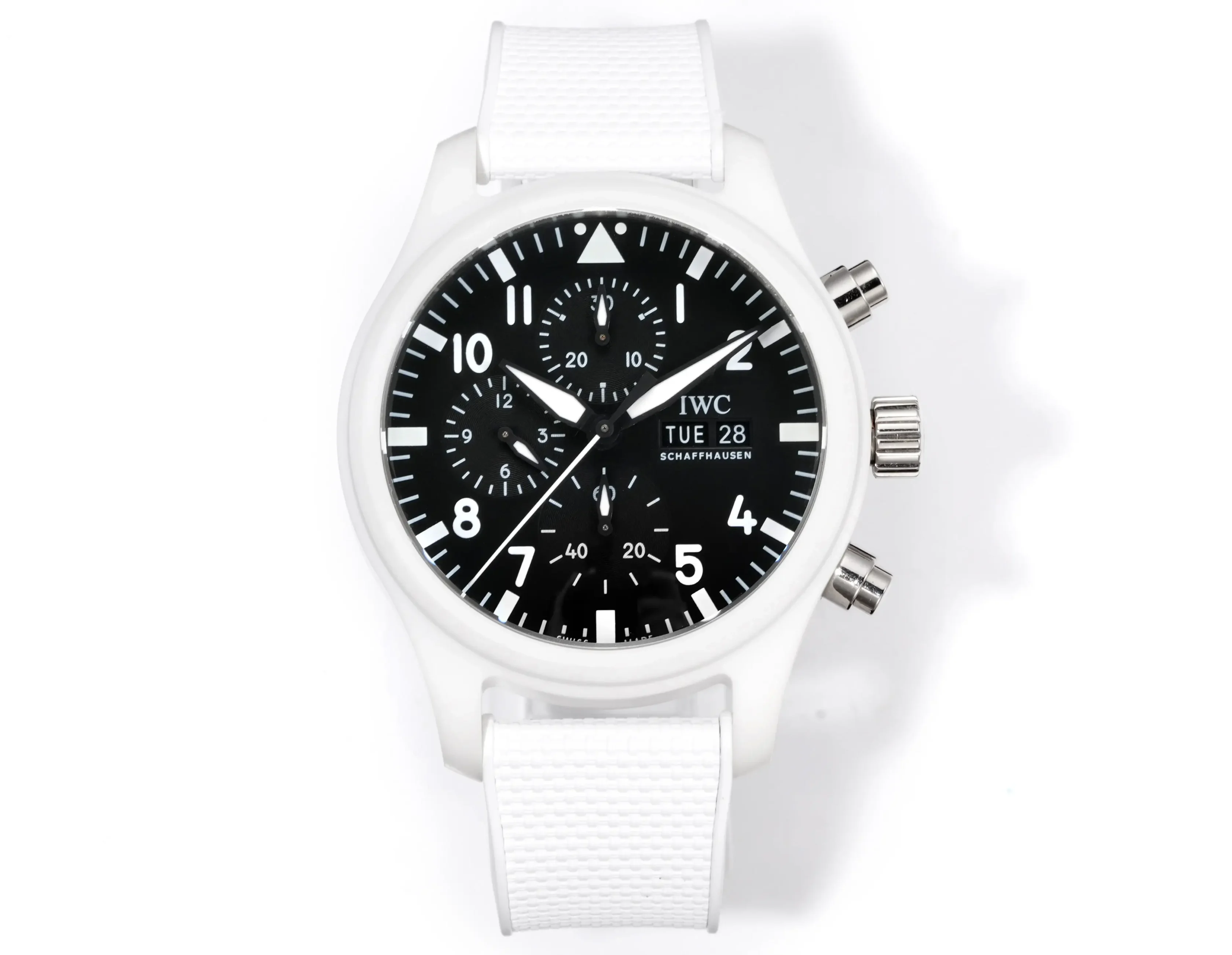 IWC Ceramic Pilot Watch Black Dial White Rubber Strap Ultimate 44MM
